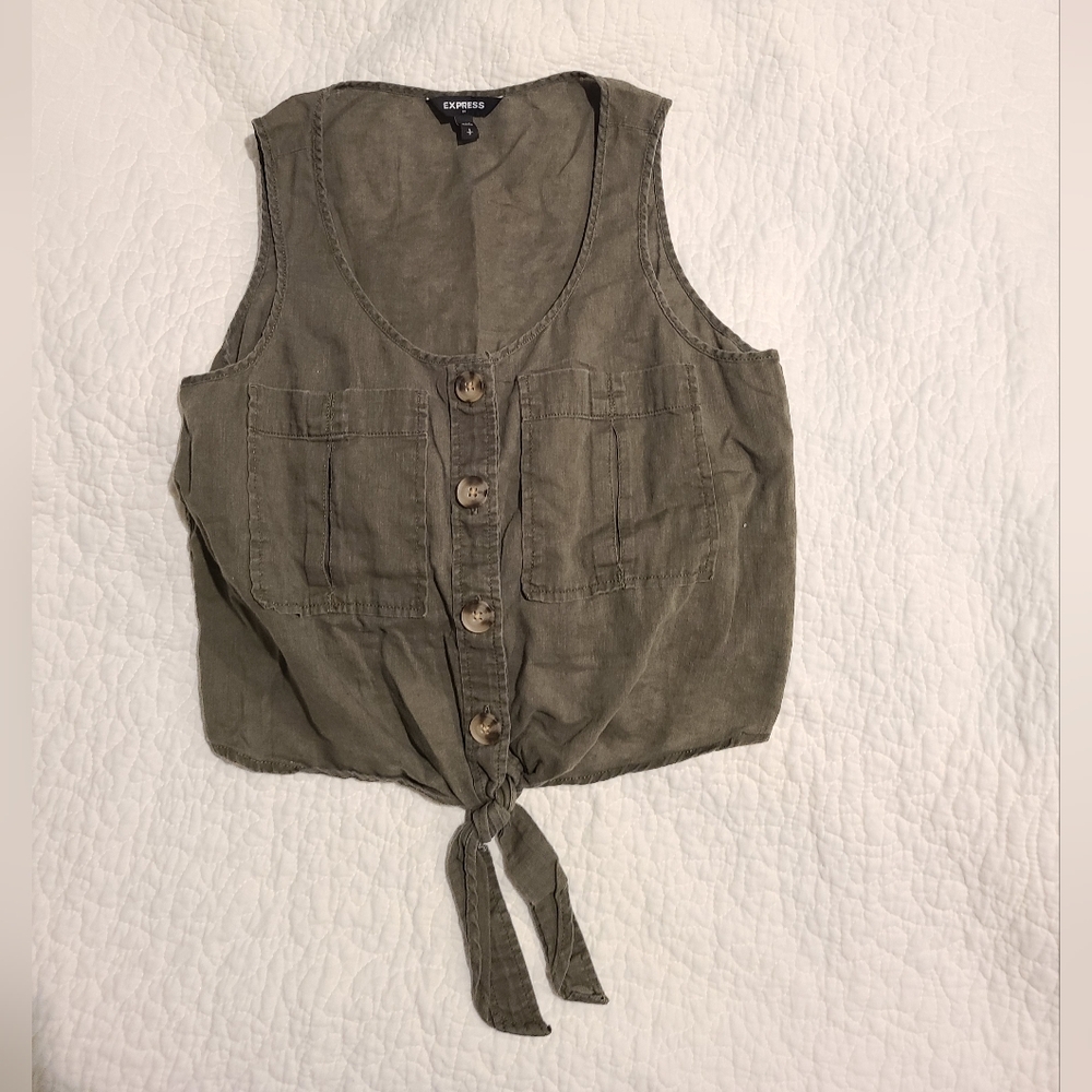 Express Olive Green Button Down Tank Top Front Tie Accent Women’s Size Small